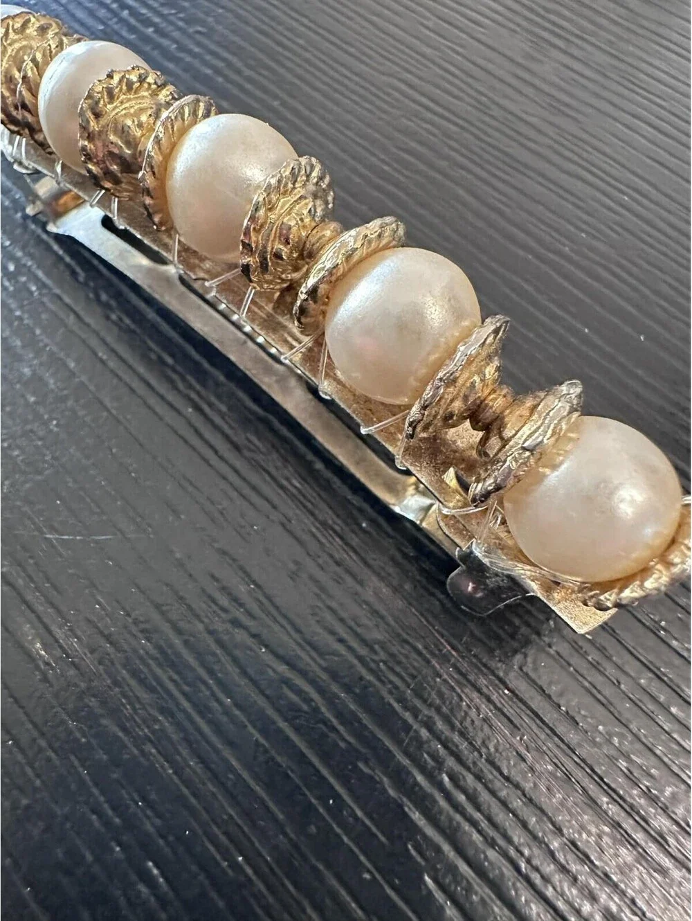Vintage Faux Pearl Gold Tone Barrette White Beaded Hair Clip Gold Spacers EUC